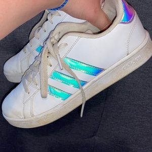 Iridescent white adidas sneakers a kids 5.5 fits womens 7